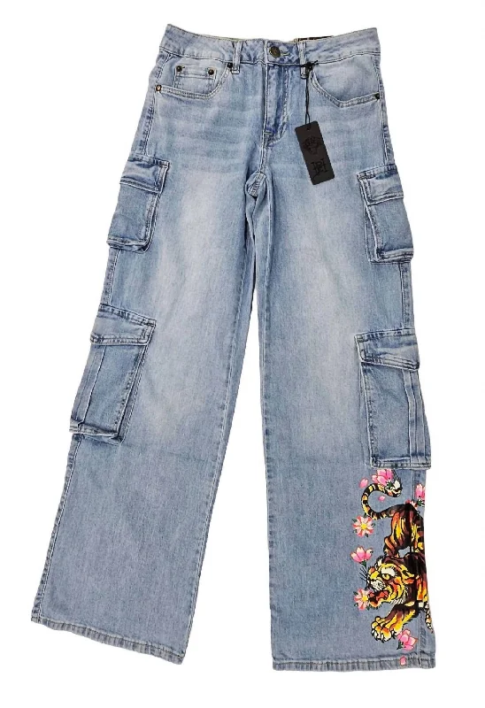 Exclusive Customization Women's Tiger Flowers Cargo Jean In Retro Light