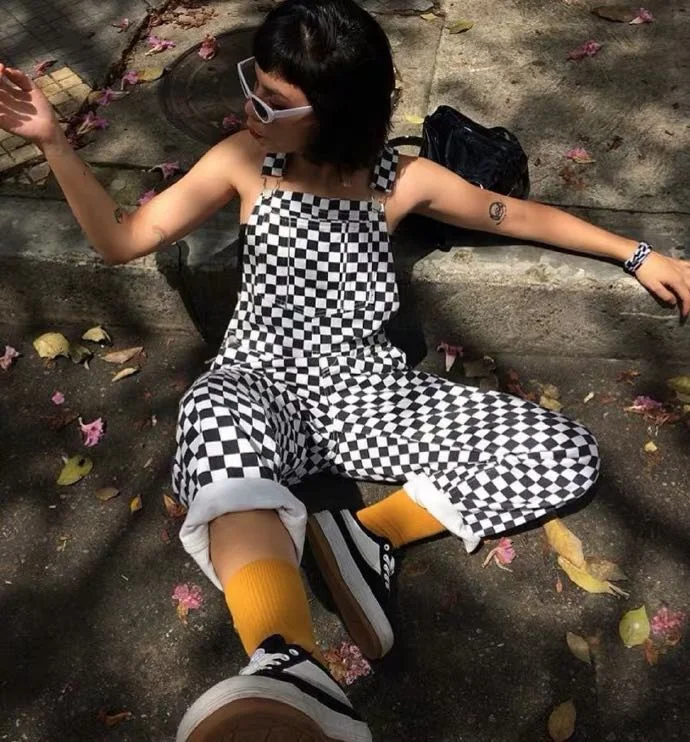 Minimal Style STREET FASHION BLACK WHITE CHECKERS OVERALLS PANTS BY63044