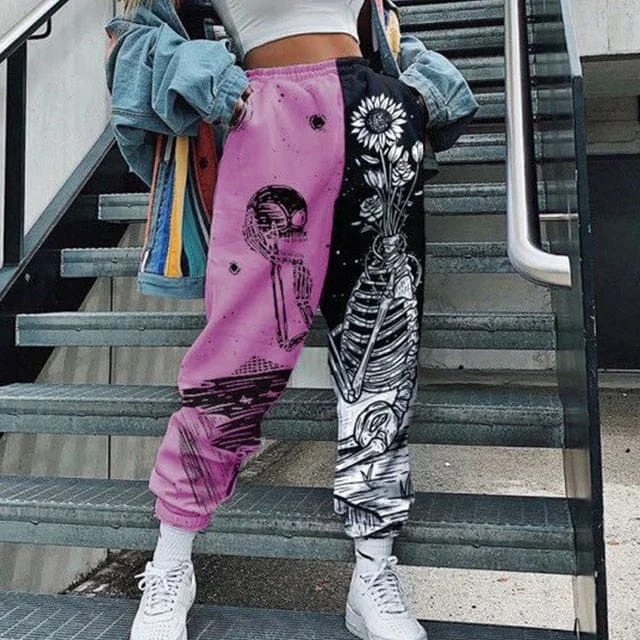 Thin Design Women's Casual Pink & Black Skull Print Elastic Waist Pocket Wide Leg Pants Thin Design Women's Casual Pink & Black Skull Print Elastic Waist Pocket Wide Leg Pants