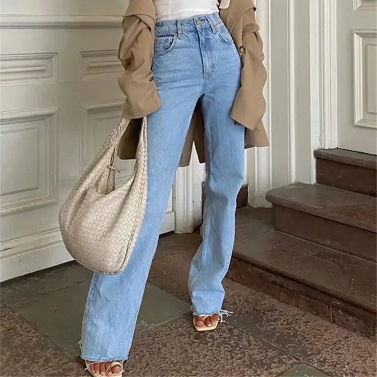 Trendy Dresses New Women's Raw Hem High Waist Denim Trousers