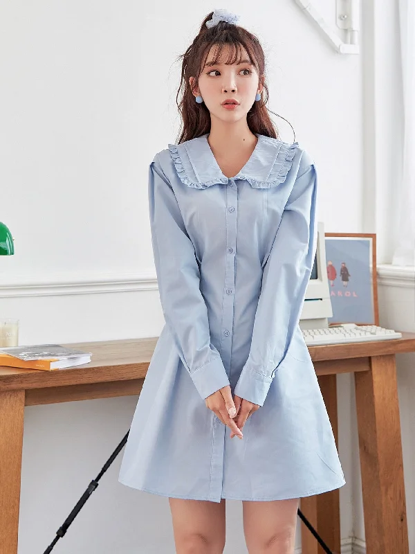 Effortless Looks Plain Button Long Sleeve Peter Pan Collar Straight Short Dress