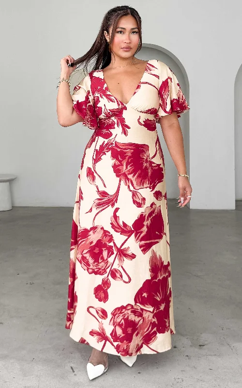 Versatile Casuals Bianco Maxi Dress - Beige Red Floral