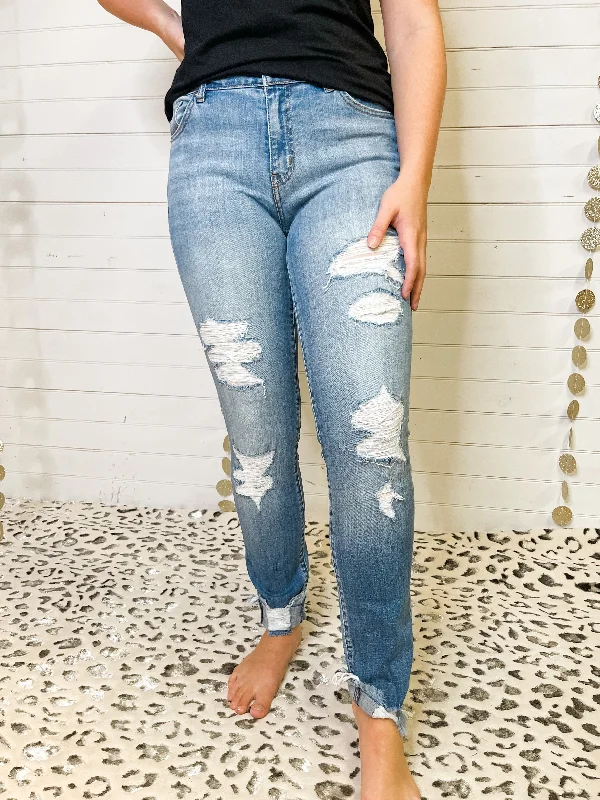 Casual Chic Wear Mid Rise Distressed Ankle Skinny Jeans