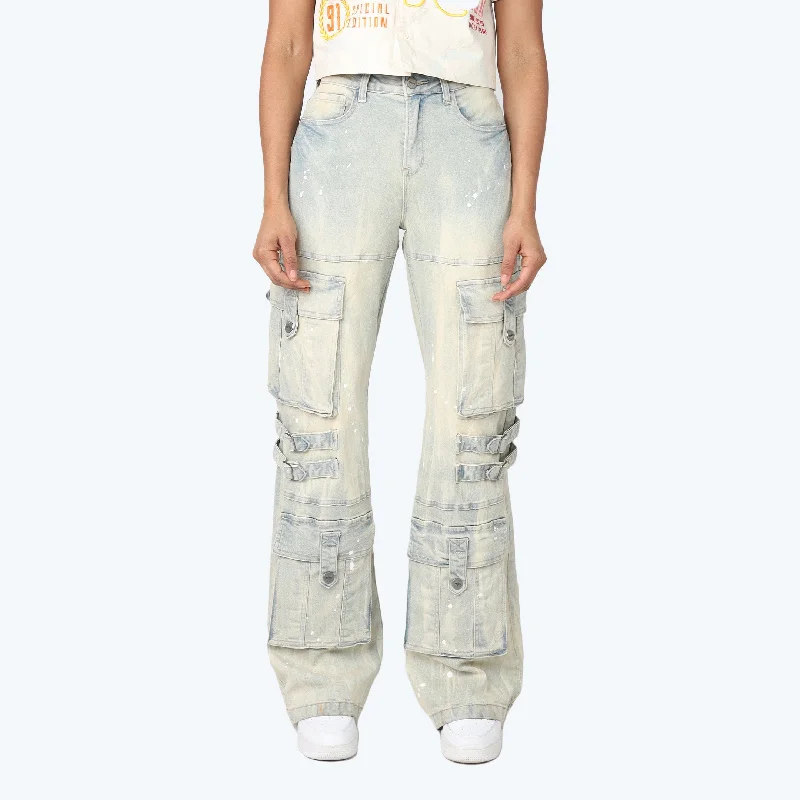 Comfortable Jeans High Rise Wide Leg Multi Pocket Jeans