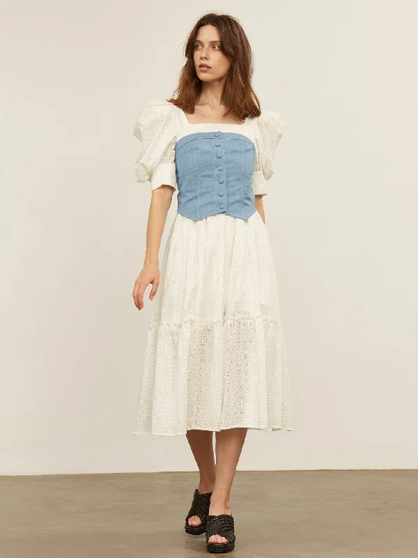Sporty Elegance Colorblock Eyelet Embroidery Short Sleeve Square Neck Flounce High Waist Long Dress Sporty Elegance Colorblock Eyelet Embroidery Short Sleeve Square Neck Flounce High Waist Long Dress