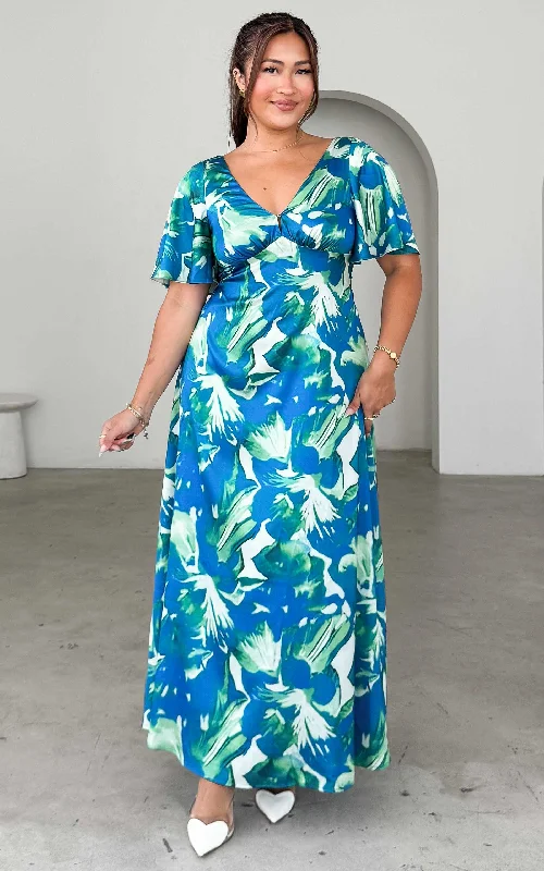 Classic Comfort Bianco Maxi Dress - Blue Green Print