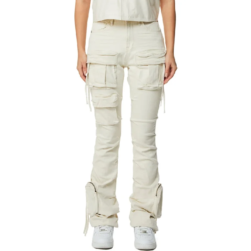 Celebrity Style High Rise Stacked Cargo Jeans - Ecru