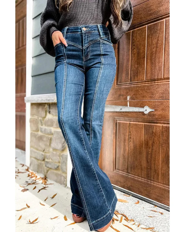 Versatile Comfort Wear Azura Exchange High Waist Flare Jeans with Seam Stitching and Pockets - 10 US