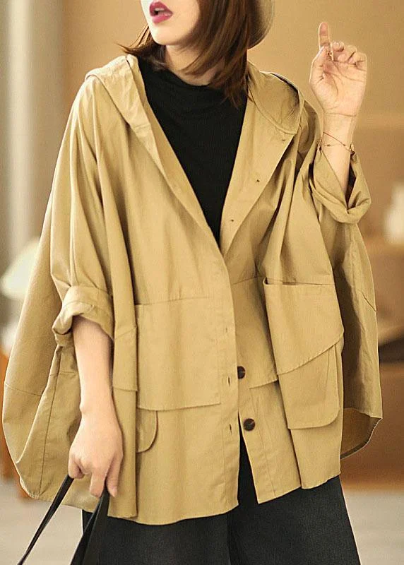 Fashion Khaki Bat wing Sleeve Patchwork Casual Fall Hooded Coat