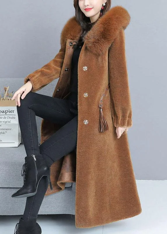 Fine Caramel Pockets Button Thick Winter Long Sleeve Coats