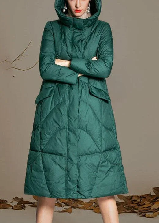 Fitted Green hooded zippered Winter Duck Down down coat