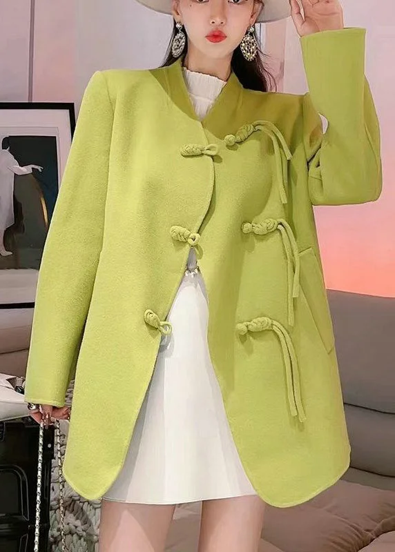 Fluorescent Green Woolen Coats Oversized Chinese Button Fall