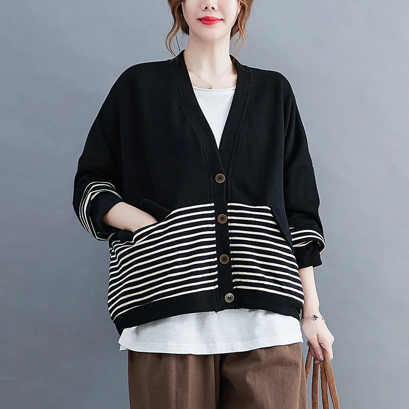 French Black V Neck Pockets Striped Patchwork Coats Long Sleeve