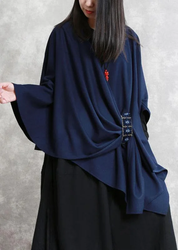 French Navy Embroideried Asymmetrical Design Fall Cloak Sleeves Coat