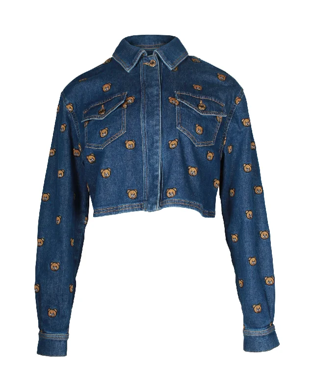 Moschino Teddy Bear Embroidered Denim Jacket In Blue Cotton