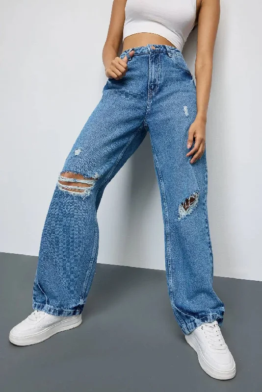 Sporty Elegance Mid Blue Grunge Style Ripped Jeans