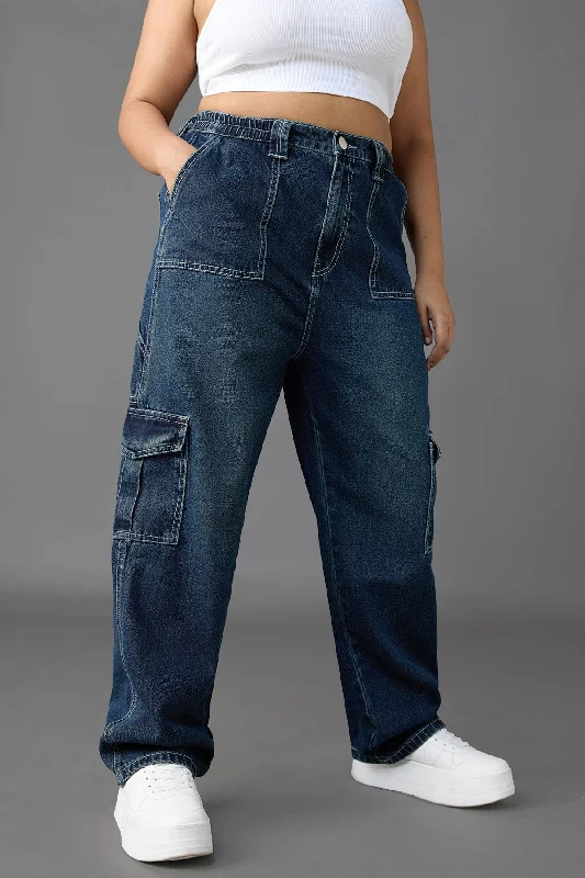 Casual And Versatile Azul Blue Straight Fit Curve Cargo Jeans