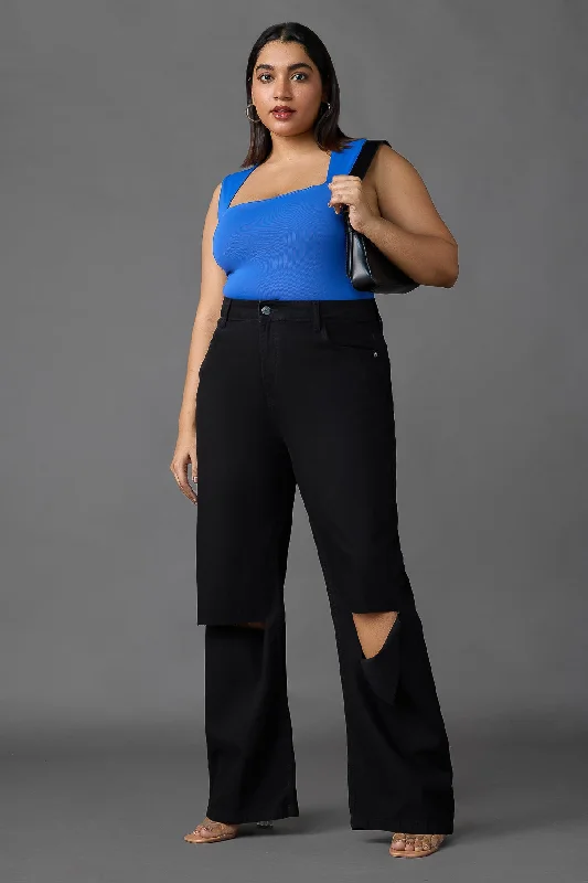 Casual Wear Curve Black Box Slit Wide Leg Jeans