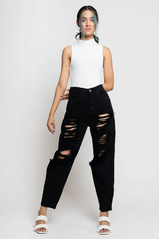 Cozy Essentials Black Ripped Baggy Jeans