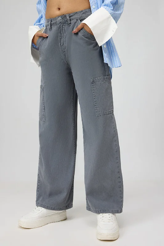 Feminine Charm Gravel Grey Cargo Denim Jeans