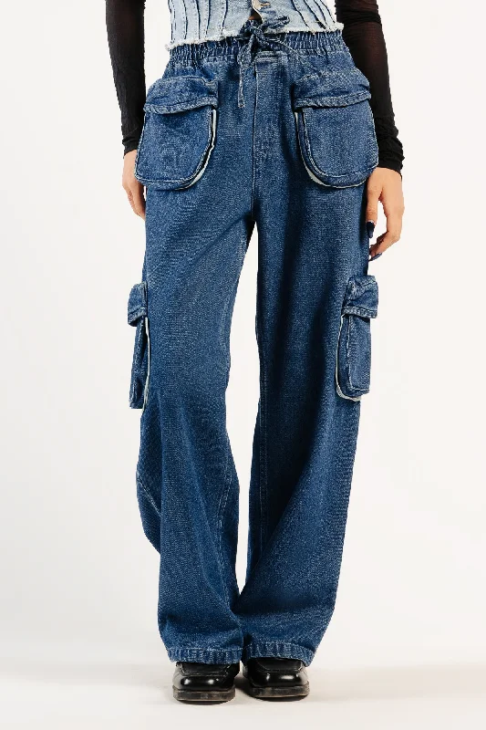 Denim Contrast Piping Cargo Pants