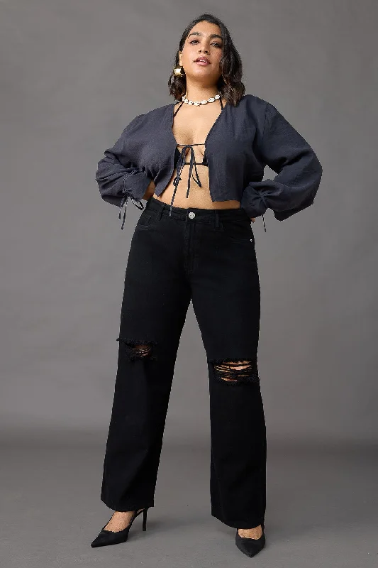 Classic Curve City Girls Black Distressed Wide Leg Jeans