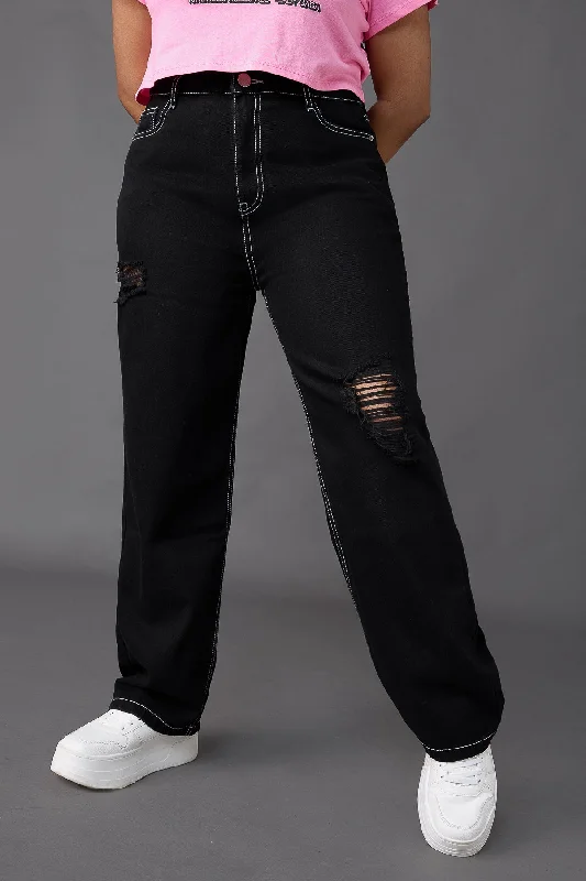 Chic Lounge Curve Black Distress Straight Jeans