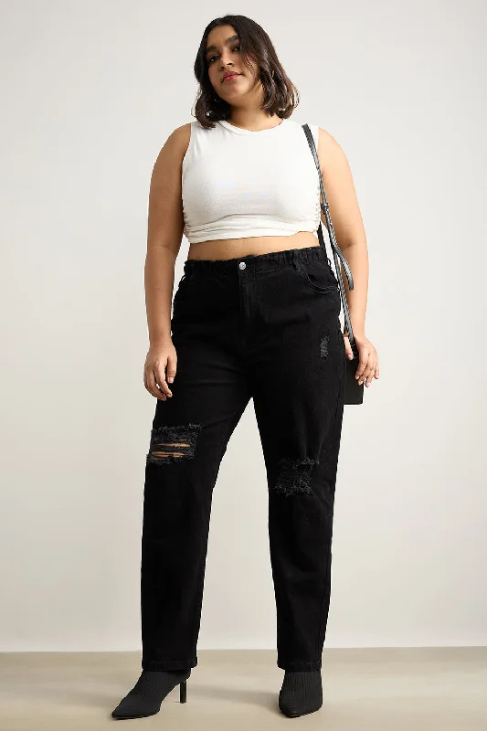 End Of The Year Curve Ebony Elasticated Distress Mom Jeans