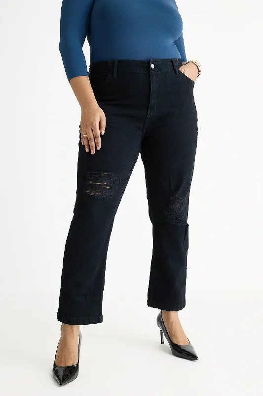 High Street Design Curve Black Elasticated Distress Mom Jeans