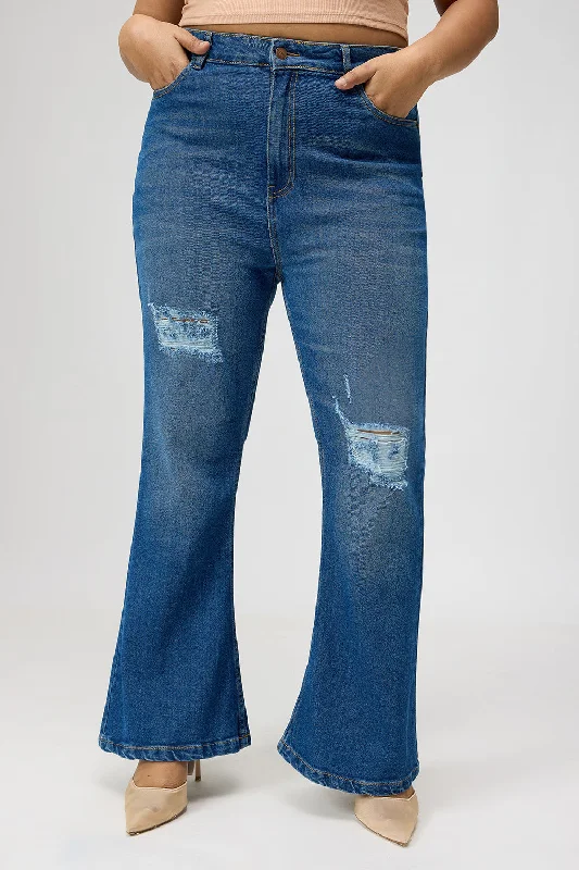 Cozy Chic Trends Curve Blue Distress Bootcut Denim Jeans