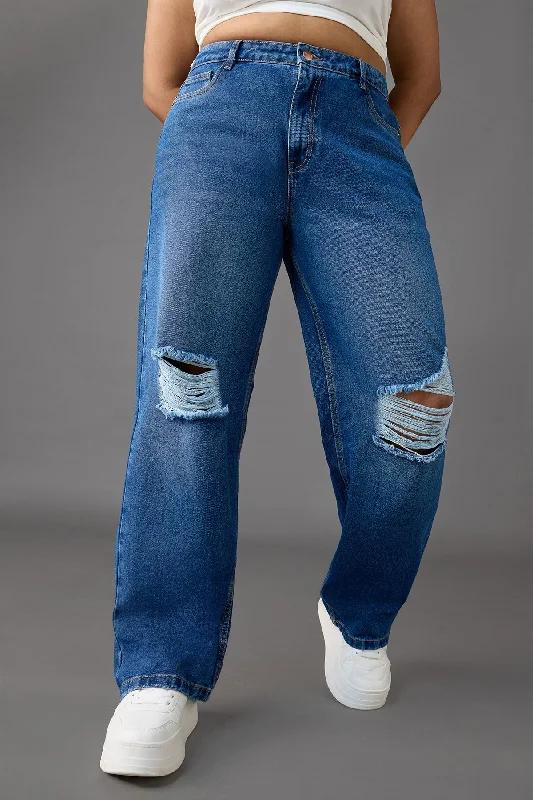 Refreshing Design Timeless Knee-Distressed Wide Leg Jeans Curve