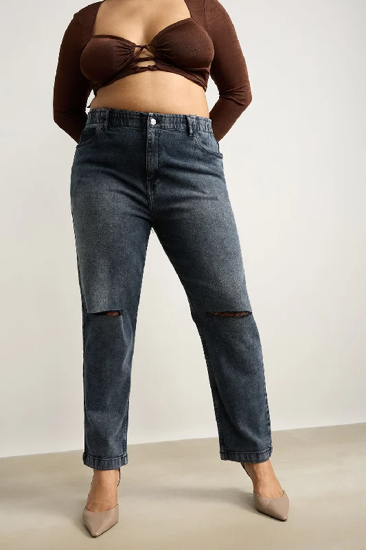 Cozy Outerwear Knee Ripped Charcoal Stretch Mom Jeans