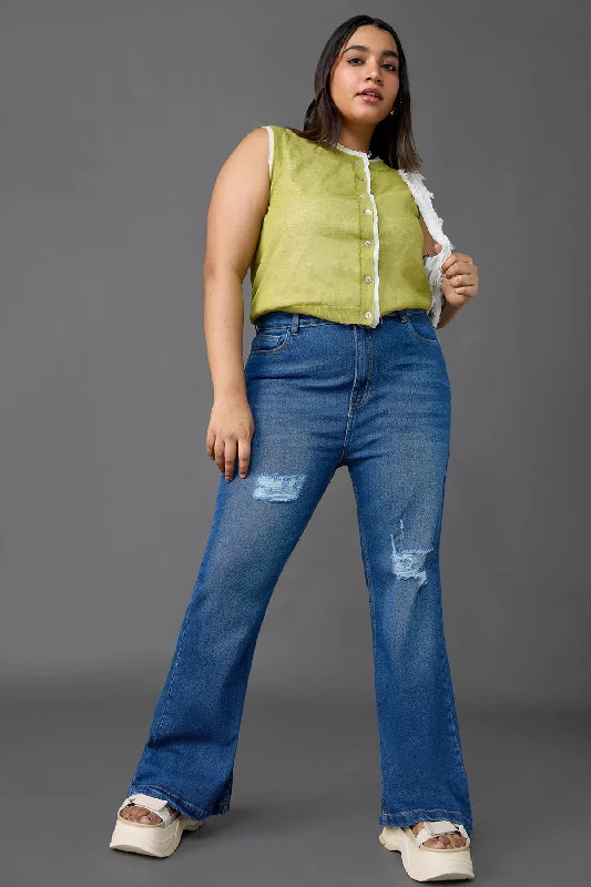 Embroidered Letters Curve Mid Blue Distress Bootcut Jeans
