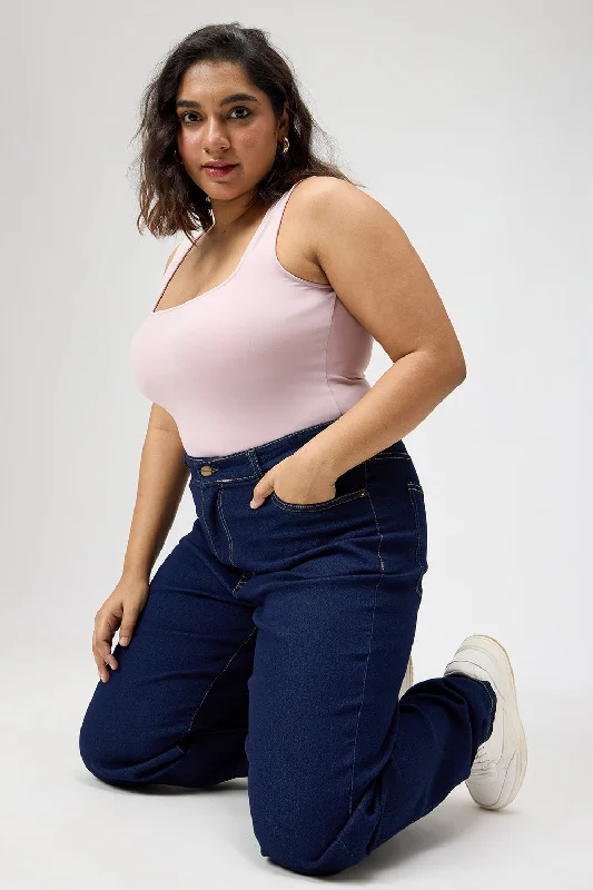 Outdoor Trend Curve Straight Leg Dark Blue Denim Jeans