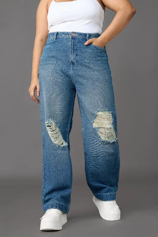 Fashion Style Midday Muse Blue Distressed Straight Jeans Curve