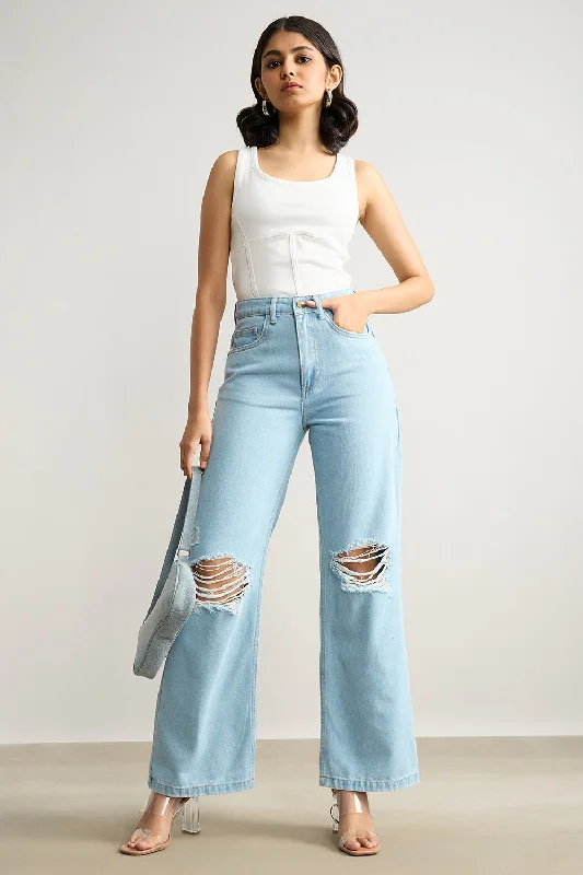 End Of The Year High Waisted Distressed Light Blue Jeans