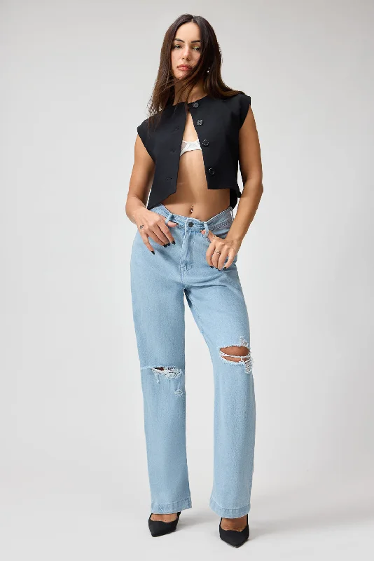 Soft Clothing Ice Blue Distressed Straight Jeans