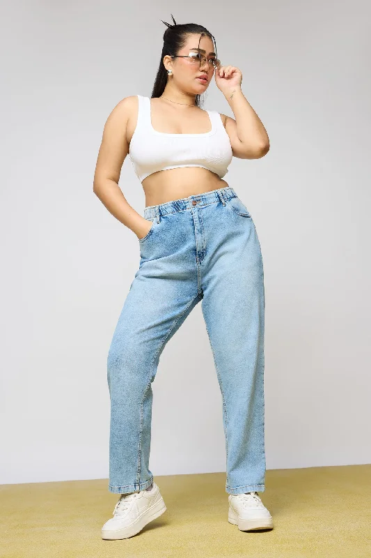 Cozy Chic Wear Light Blue Leisure Elasticated Curve Mom Fit Jeans