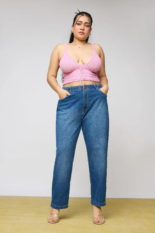 French Style Mid Blue Leisure Elasticated Curve Mom Fit Jeans