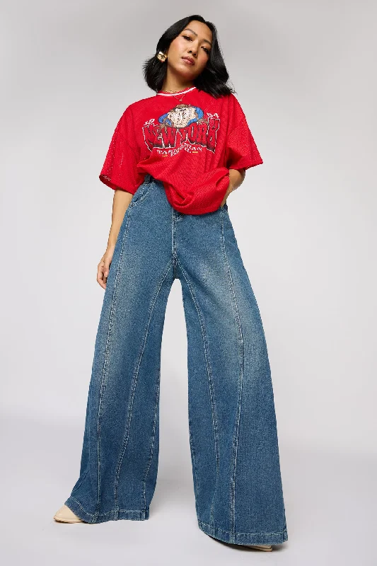 Elegant Style Classic Navy Denim Flared Korean Pants