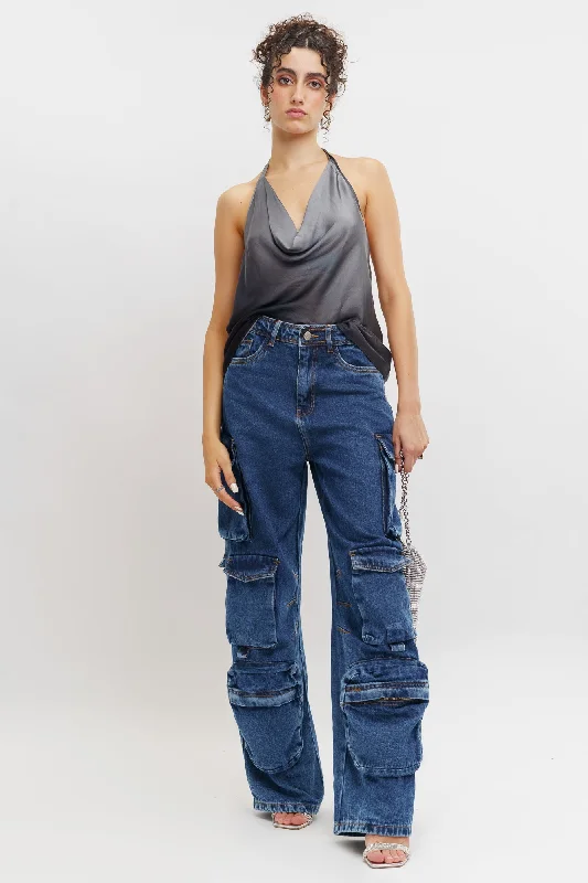 Everyday Chic Dark Wash Multi Pocket Cargo Jeans