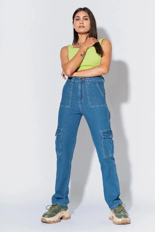Street Fashion Mid Blue Cargo Utility Jeans