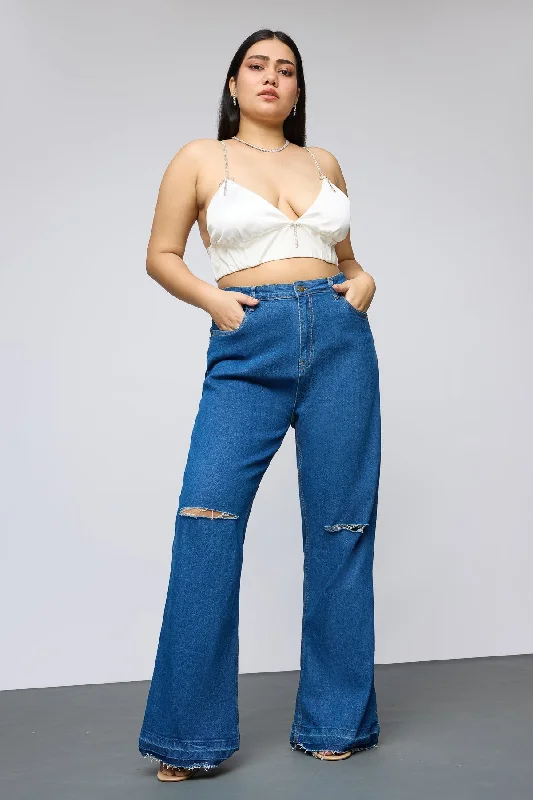 Warm And Comfortable Retro Revival Distressed Curve Bootcut Jeans