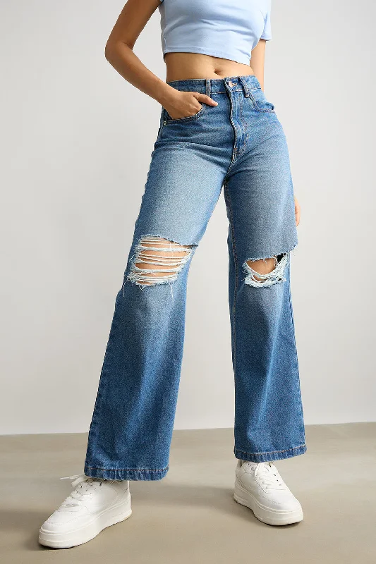 Dynamic Fashion Blue Wide Leg Ripped Jeans