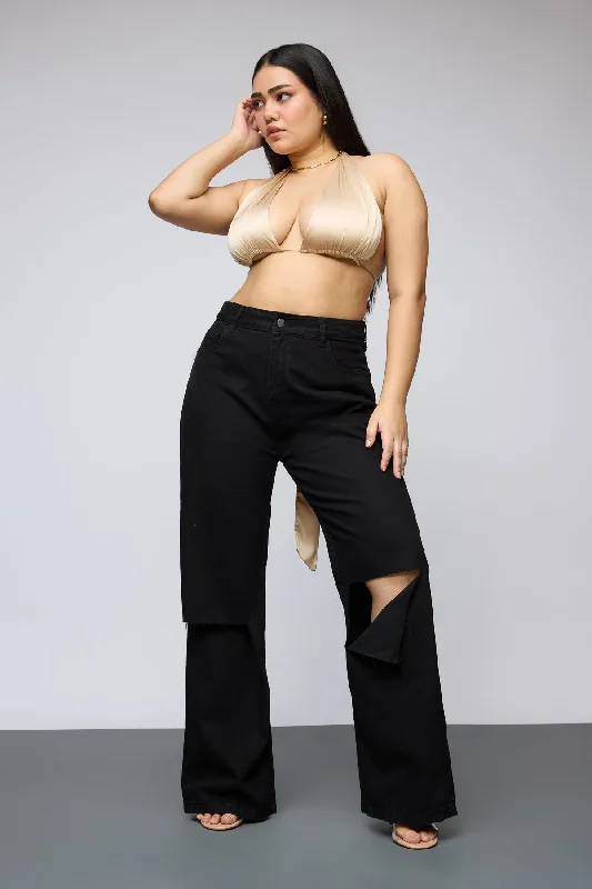 Lazy Home Ultra Black Knee Distressed Curve Wide Leg Jeans