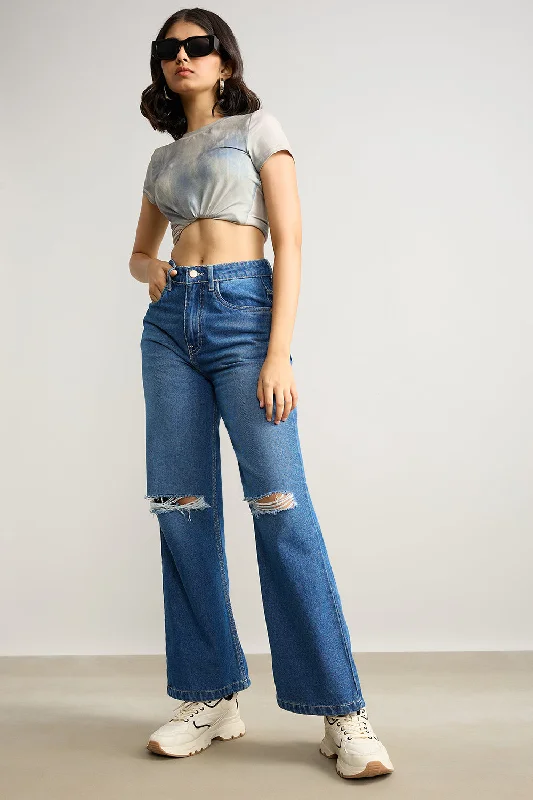 Relaxed Weekend Wear High Waisted Distress Wide Denims