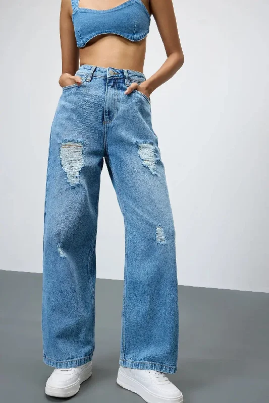 Age-reducing Style Tempest Blue Mid Distressed Wide Cut Denim Jeans