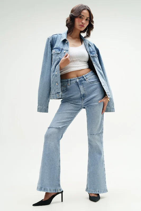 Soft And Comfortable Crystal Blue Bootcut Jeans