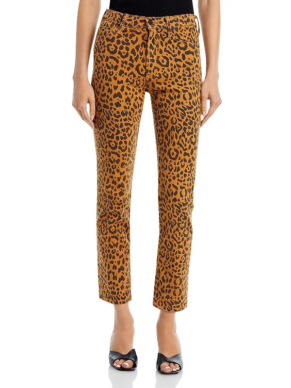 Womens Mid-Rise Animal Print Ankle Jeans