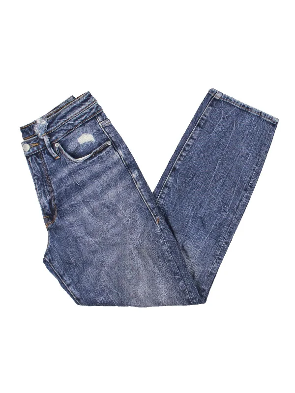 Womens Mid-Rise Destroyed Straight Leg Jeans